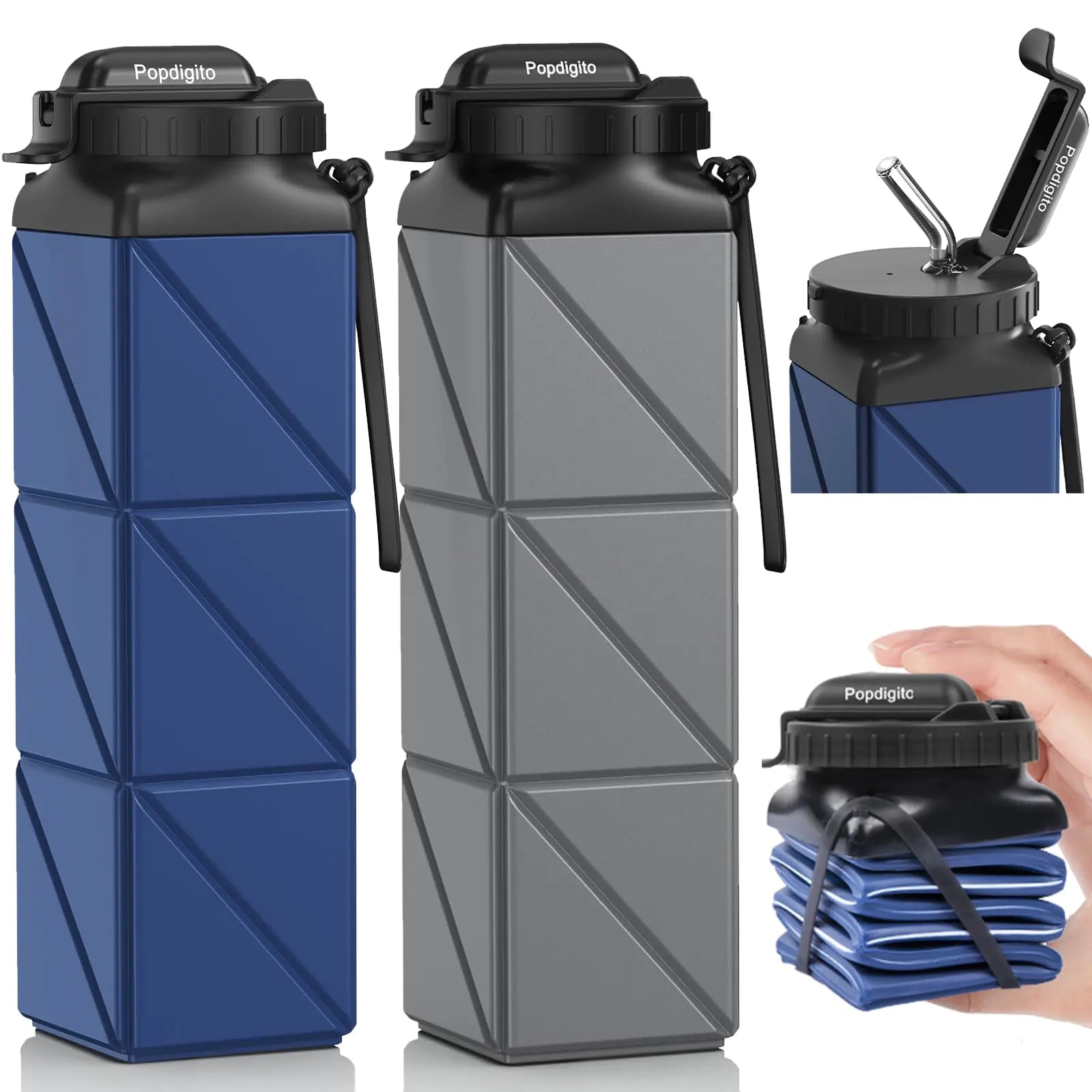 Popdigito Collapsible Water Bottles 20.6oz Foldable Water Bottle BPA Free Reusable Lightweight LeakProof Travel Silicone Water Bottles for Travel Gym Hiking Camping (Upgrade Dark Grey+Dark Blue)